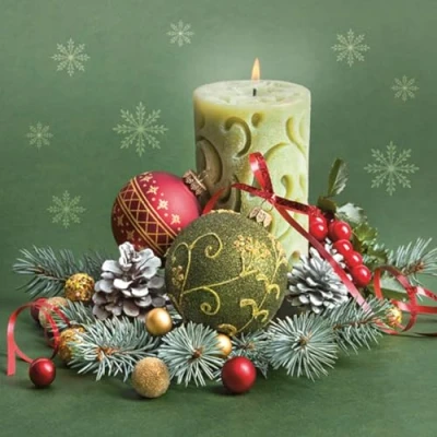 Image of 3 Ply Maki Xmas Decoupage Tissue Paper Napkins Decorative Christmas Serviettes 33cm x Pack of 20 (Ornate Candle &amp; Bauble Composition)