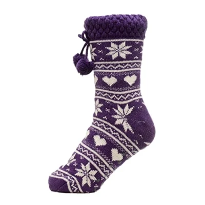 Image of Thingimijigs Ladies Fleece Lined Fairisle Stripe Non Skid Slipper Socks Purple