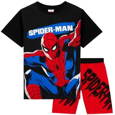 Image of Marvel Spiderman Pyjamas for Boys Short Sleeve PJs Set Soft Breathable Nightwear Loungewear Comfy Jammies Sleepwear Superhero Gifts (3 4 Years, Black/Red)