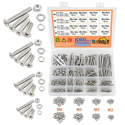 Image of huruirui 680pcs M3 M4 M5 M6 Nuts and Bolts Washers Cross Flat Head Screws 304 Stainless Steel Hex Socket Countersunk Set Machine Fastener Repair Tools Assortment Kit