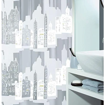 Image of Spirella Skyline PEVA Opaque Plastic Shower Curtain, 180 x 200 cm, Silver/White