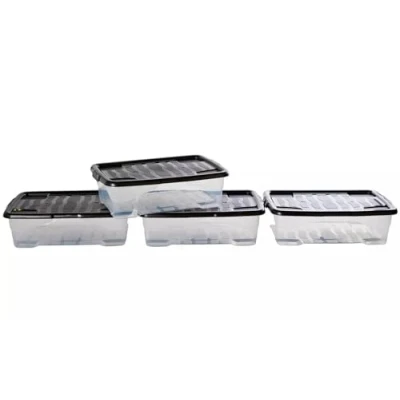 Image of Strata 4 x 30 Litres Curve Plastic Stackable storage box &amp; Lid with clip on lids, Multi for home and office solution Clear/Black