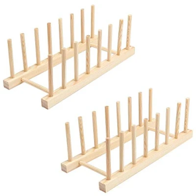 Image of Coolty 2 Pack Bamboo Rack Kitchen Wood Holder Dish Storage Tray Drainer Plate Stand Suitable for CD Tableware Book Wine Glass