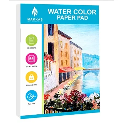 Image of Makkas Watercolour Paper Pad A4 30 Sheets 140lb / 300gsm Cotton Blend Student Grade Includes Only Cold Pressed &amp; Acid Free Sketchbook (Watercolour Pad)