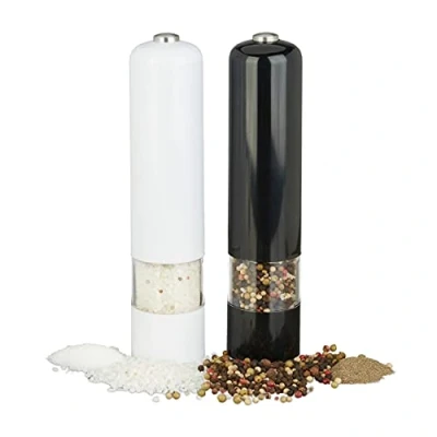 Image of Relaxdays Electrical Pepper Mill with Light, Set of 2, Spice Shaker, Plastic, Battery Powered, Black/White