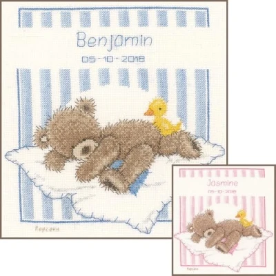 Image of Vervaco Counted Cross Stitch Kit: Birth Record: Popcorn Bear &amp; Soufflé Duck, Cotton, NA, 16 x 13cm