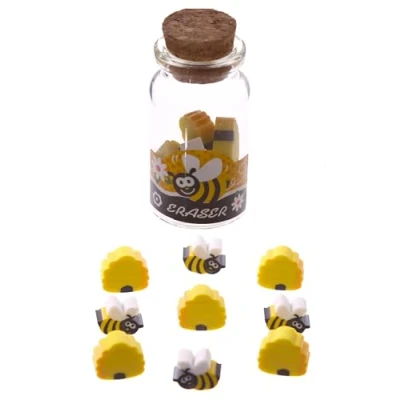 Image of Puckator Cute Honey Bee Mini Erasers in a Jar Rubber Stationery Set Party Bag Fillers for Girls and Boys Multipack Pencil Rubbers Cool Kids School Starting Gifts