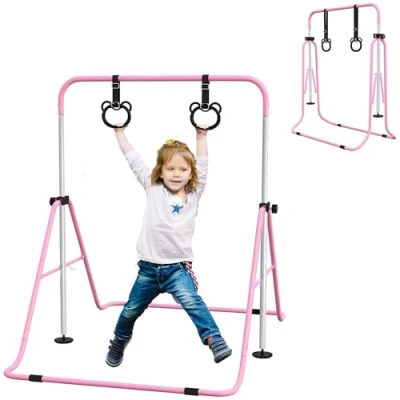 Image of HOMCOM Kids Gymnastics Bar, Horizontal Bar for Kids, Adjustable Height Folding Equipment with Gymnastic Rings, Non Slip Mats, Home, Flat, Pink