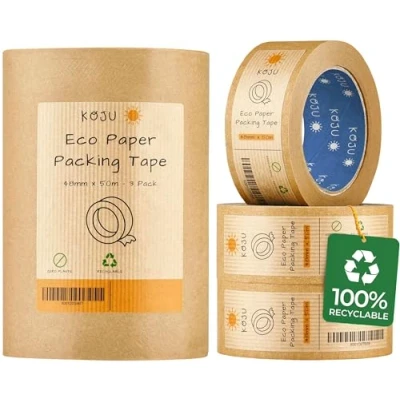 Image of Koju Kraft Paper Packing Tape 48mm x 50m 3 Pack Eco Friendly &amp; Recyclable Brown for Packaging Parcels Moving House Boxes Strong, Heavy Duty Parcel