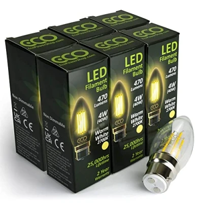 Image of ECO 40W Equivalent Energy Saving LED Candle Light Bulb, Low Power 4W Vintage Style Filaments, 400 Lumen, Clear Glass, Warm White (2700K), B22 Large Bayonet Fitting, 25000Hrs Lifetime. (6xPACK)