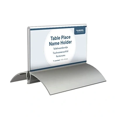 Image of Europel Table Place Name Holder, Set of 2 Pieces, 52 x 100 mm, Clear Acrylic Construction, Double Sided Sign Display for Conferences, Meetings, Free Standing Design with Aluminium Base