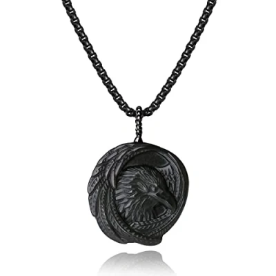 Image of COAI Bold Eagle Black Obsidian Necklace Stone for Men Viking Men, Stainless Steel Box Chain 60cm