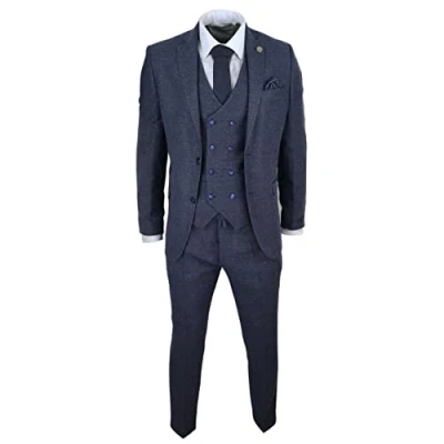 Image of Mens Wool 3 Piece Suit Double Breasted Waistcoat Tweed 1920s Navy