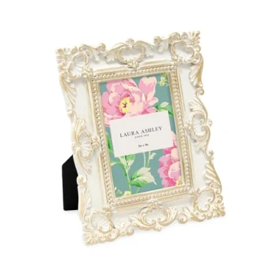 Image of Laura Ashley 2x3 White W/Gold Ornate Textured Hand Crafted Resin Picture Frame with Easel, for Tabletop &amp; Wall Display, Decorative Floral Design Home Décor, Art More (2x3, W/Gold)