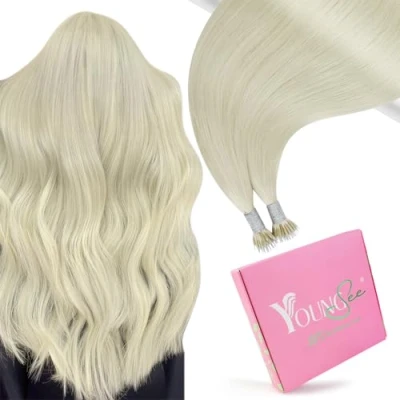 Image of YoungSee Nano Ring Hair Extensions Platinum Blonde Human Beads Loop Link 20 inch 50s 50g