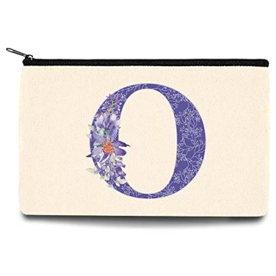 Image of 26 Letter Printed Zip Canvas Pouch Makeup Bag Make Up Bag, Cosmetic Travel Bag,Toiletry Bag,Organizer Bags,Toiletry Bags, Bride Bridesmaid Bag,Pencil Bag,Wash Bag,Coin Purse (Purple Flower O)