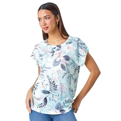 Image of Roman Originals T Shirt for Women UK Ladies Tee Summer Top Holiday Day Causal Short Sleeve Blouses Round Crew Boat Neck Lightweight Blue Multicoloured Size 18