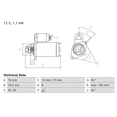 Image of 489318400, 489318400A, 489318400B, 489318400C, 489318400D Starter motor BOSCH 0 986 012 831 12V 0,8kW 11 50, 30 rechts 74mm