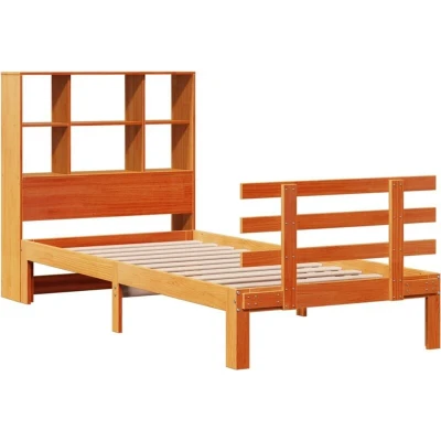 Image of vidaXL Bookcase Bed Frame Single Solid Pine Wood Wax Brown Finish Slatted Base Ample Storage Slim Space Saving Headboard Drawer with Wheels Included