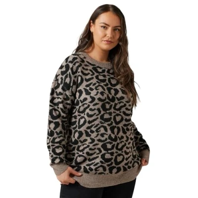Image of EVANS Curve Leopard Print Knitted Jumper Women&#039;s Plus Size Brown