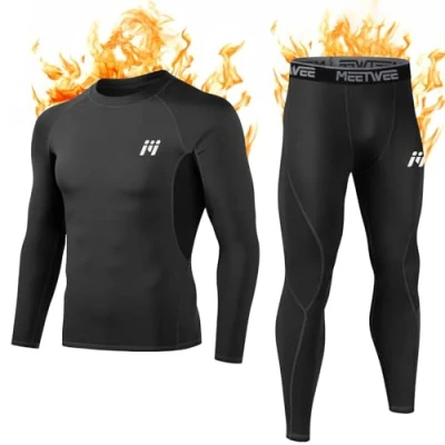 Image of MEETWEE Men&#039;s Thermal Underwear Set, Winter Long Sleeve Base Layer Quick Dry Johns Compression Suit for Workout Skiing Running Hiking, Black, XL