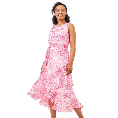 Image of Roman Petite Women Spot Print Frill Trim Dress Ladies Spring Everyday Summer Holiday Sleeveless Soft Polka Dot Comfy Tie Detail Frock Empire Line Vacation Gowns Pink Size 12