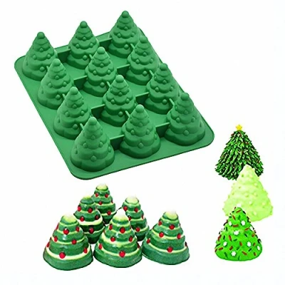Image of 3D Christmas Tree Silicone Mold MoldFun Xmas Pan for Mousse Cake Muffin Baking, Ice Cube, Jello, Chocolate, Soap, Lotion Bar, Bath Bomb, Candle (Random Color)