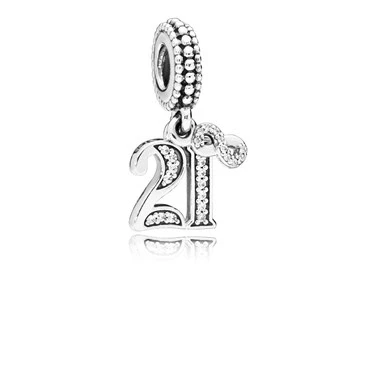 Image of Pandora Moments Women&#039;s Sterling Silver 21 Years of Love Cubic Zirconia Dangle Charm for Bracelet, No Box