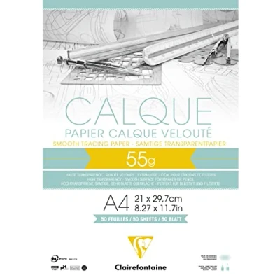 Image of Clairefontaine Ref 975080C Tracing Paper Pad (50 Sheets) A4 Sized, 50/55g, High Transparency, Smooth Surface, Acid Free, Printable Suitable for Ink, Marker &amp; Pencil