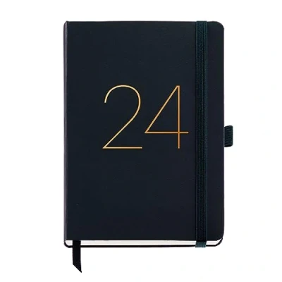 Image of Miquelrius Annual Planner 2024, Week to View, Plus Size 155 x 213 mm (similar A5), Stitched Leather Hard Cover, Elastic Rubber, Catalan, English and Portuguese, Black