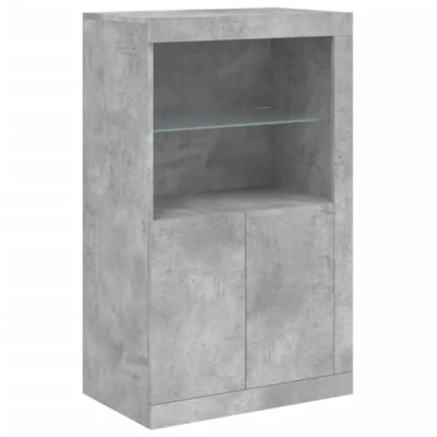 Image of vidaXL Side Cabinet with LED Lights Concrete Grey Engineered Wood, Moisture Resistant Storage Unit Glass Shelf and Hidden Compartment
