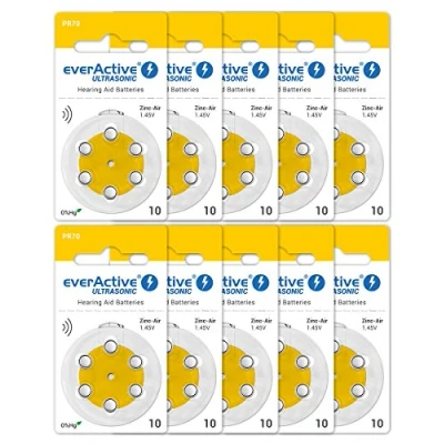 Image of everActive 10, 60 Pack Hearing Aid Batteries High Performance Zinc Air 10 Blister Cards 4 Year Shelf Life Yellow Ultrasonic PR70