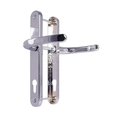 Image of TSS UPVC Door Handles Lever/Lever 92mm PZ (Centres) 210mm Screw to ScrewBackplate 242mm X 34mm Handle External White Replacement (Polished Chrome)