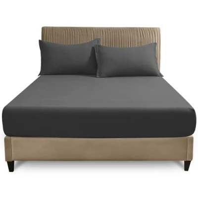 Image of Easy Care Fitted Sheets Super King, Poly Cotton Corner Elastic Bed Sheet, Luxury Bedding &amp; Linen, Charcoal