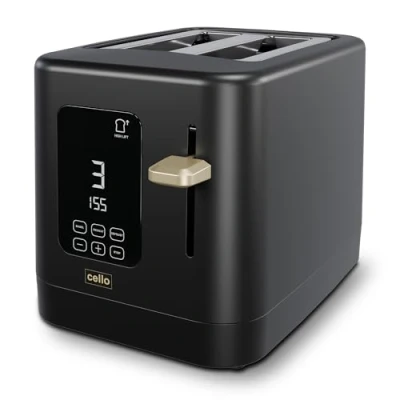 Image of Cello Digital 2 Slice Toaster with Timer, 800W, Control Panel, Wide Slot, 7 Browning Levels, Auto Stop, Black Design, High Lift, Countdown Detachable crumb tray, 2024 model