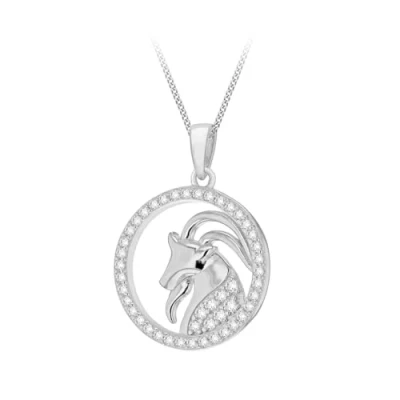 Image of Tuscany Silver Women&#039;s Sterling Rhodium Plated CZ Aries Horoscope Round Pendant on Curb Chain 46cm/18&quot;