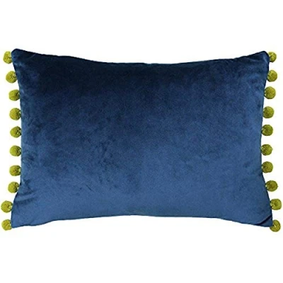 Image of Riva Paoletti Fiesta Rectangular Feather Filled Cushion Blue Yellow Pompom Edges Faux Velvet Fabric Discreet Zip Closure 100 Case (14&quot; x 20&quot; inches), Polyester, Indigo/Olive, 35 50cm