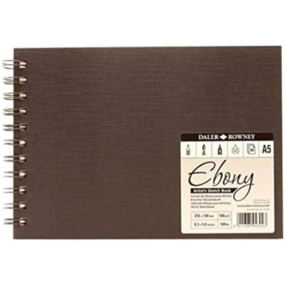 Image of Daler Rowney Ebony Lightly Textured 160gsm A5 Hardback Landscape Sketchbook, Spiral Bound, 50 White Sheets, Ideal for Professional Artists &amp; Students