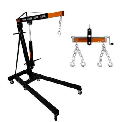 Image of Engine Crane 1 Tonne 1000kg &amp; Load Leveller Hoist 900kg Balancer Support Beam Dual Hooks Chain Hydraulic Pump Handle Folding Legs Lift Jack Stand Portable Workshop Garage 4 JIB Positions Automotive