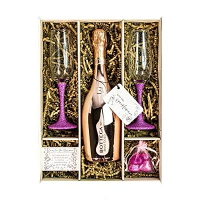 Image of Bottega Rose Gold Sparkling Wine 75cl Gift Set Hamper With Matching Pink Champagne Flutes and Box Birthday, Fizz Gifts for Rosé Lovers (Sparkling Stems)