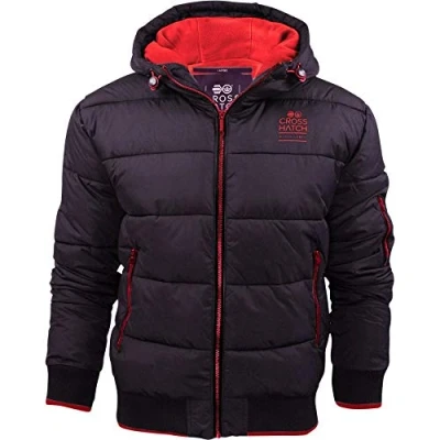 Image of Crosshatch Mens Althorpe’ Quilted Padded Hood Jacket Fleece Lined Winter Coat. XL Black Red