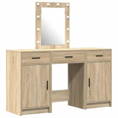 Image of vidaXL Sonoma Oak Mirror Vanity Set Engineered Wood with &amp; Lights Makeup Table for Bedroom