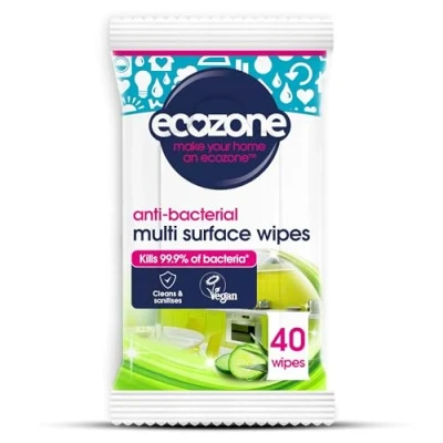 Image of Ecozone Anti Bacterial Multi Surface Wipes, Biodegradable Moist Wet Bac Disposable Cleaning Cloths, Sanitising Worktop Natural Vegan Friendly Non Toxic Aloe Vera &amp; Cucumber (40 Pack)