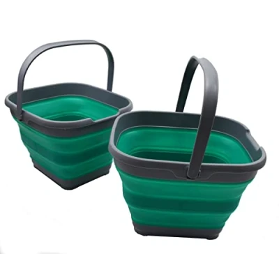 Image of SAMMART 10L Set of 2 Collapsible Rectangular Handy Basket/Bucket (Dark Grey/Bluish Green, 2)
