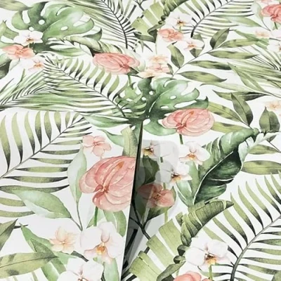 Image of SOPHIE LAURENCE Exotic Tropical Floral Wallpaper Green and Pink Flowers on White, Smooth Finish, Spongeable, Wet Removable, Paste The Paper, 0.53m x Sample, Suitable for Any Room
