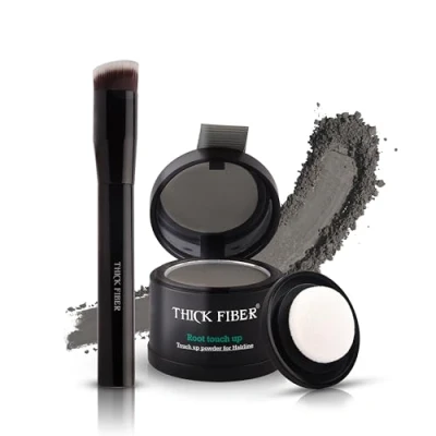 Image of THICK FIBER Root Touch Up Powder, Cover Hairline Powder for Thin Hair Water &amp; Sweat Resistant Loss Concealer Set with Thinning Women, Includes Brush (Grey)
