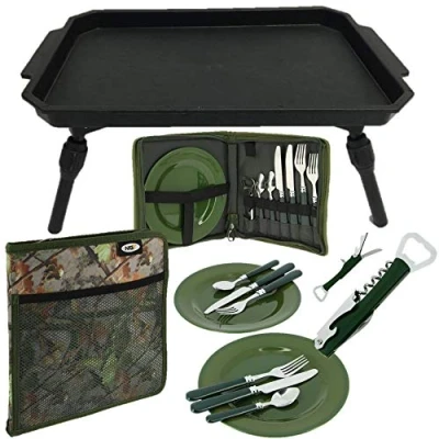 Image of NGT Camo 600 Deluxe Carp Fishing Picnic Cutlery Set + Plastic Bivvy Table Bag