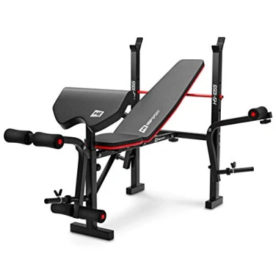 Image of Hop Sport HS 1055 Folding Bench Press with Long Barbell Holder, Curl Pad, and Adjustable Butterfly Training for Press, Black, Red