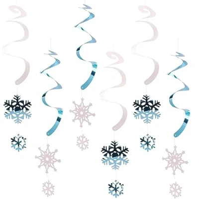 Image of Toyland® Pack of 6 White &amp; Ice Blue Hanging Snowflake Swirls Festive Christmas Decorations
