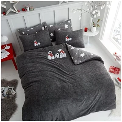 Image of GC GAVENO CAVAILIA Fluffy Fur Fleece Teddy Embroidery Duvet Cover, Soft Snuggle Thermal Quilt Reversible Bedding Set, King, EMB Bear Grey,670360